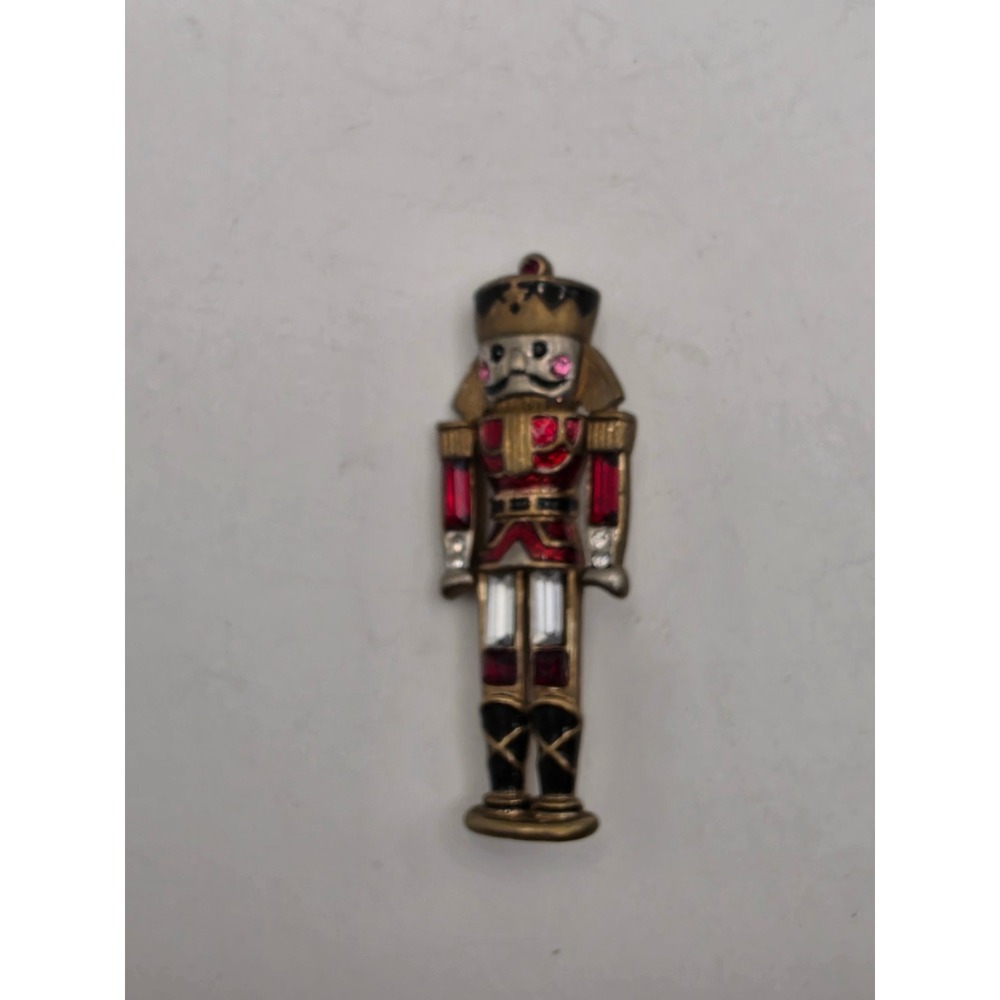 Monet Vintage Nutcracker Brooch Gold Tone Red Enamel Rhinestone Christmas 2.5